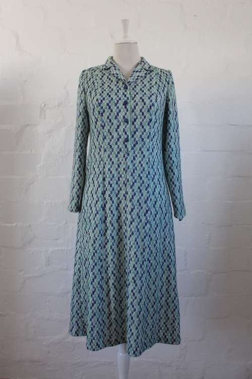 VINTAGE GREEN BLUE PRINTED LONG SLEEVE DAY DRESS - SIZE 12