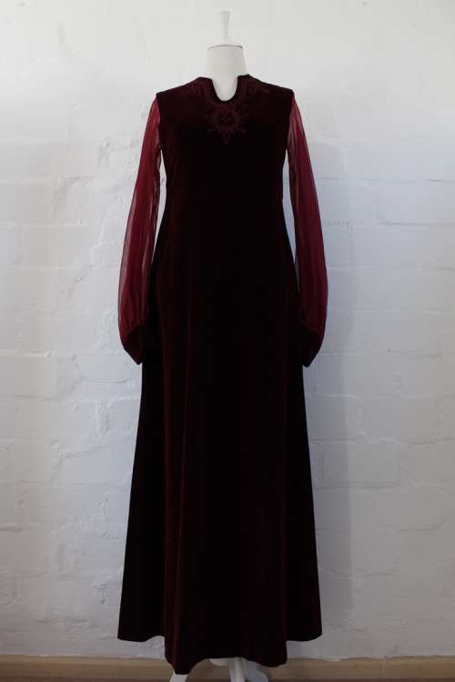 VINTAGE VELVET MAROON SHEER SLEEVES MAXI EVENING FORMAL DRESS - SIZE 12