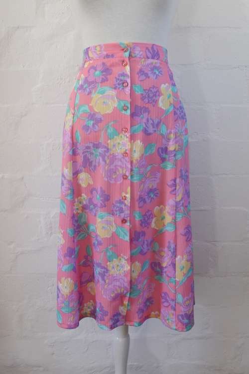 VINTAGE PASTEL PINK FLORAL PRINT HIGH WAIST BUTTON DOWN SKIRT - SIZE 14