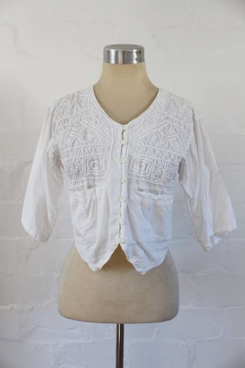 VINTAGE WHITE EMBROIDERED 3/4 SLEEVE TOP BLOUSE SHIRT - SIZE 12