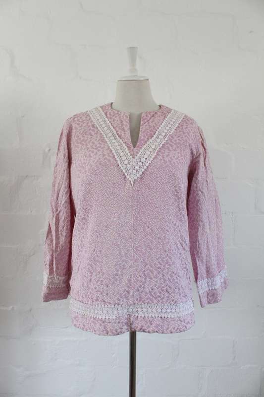 VINTAGE PINK WHITE LACE TRIM TOP BLOUSE SHIRT - SIZE 14