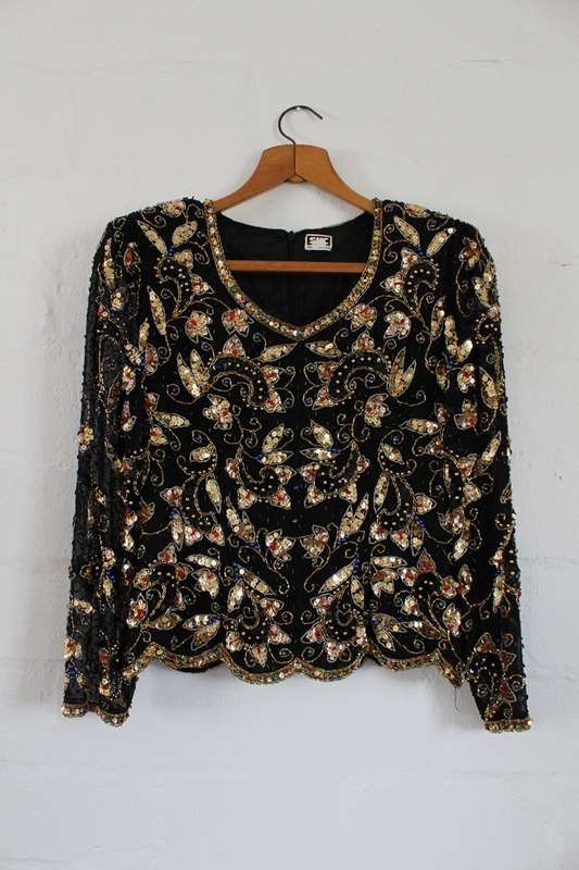 VINTAGE 100% SILK BLACK GOLD BEADED SEQUINED TOP BLOUSE - SIZE 8