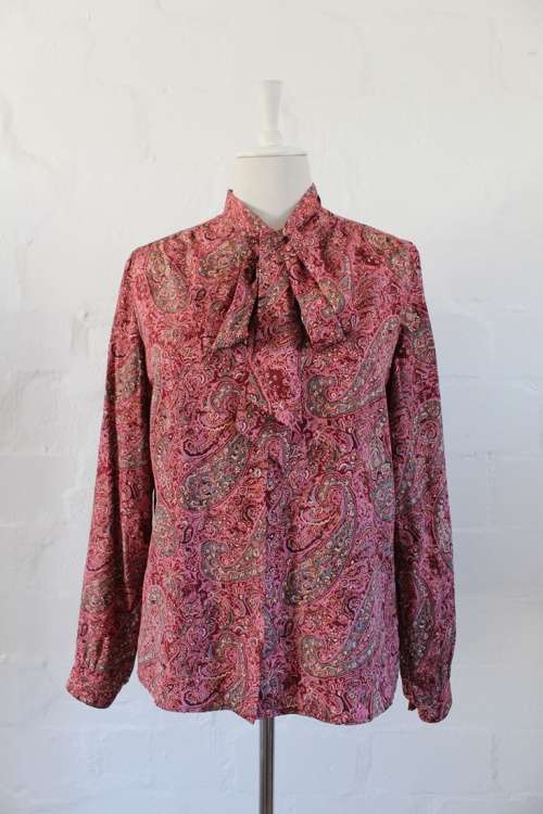 VINTAGE PAISLEY PINK PRINT PUSSYBOW LONG SLEEVE BLOUSE SHIRT TOP - SIZE 16