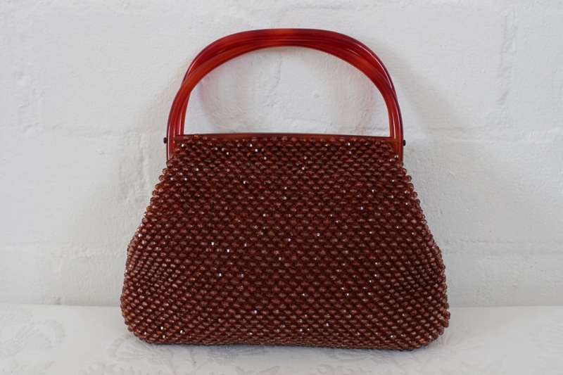 VINTAGE BEADED PLASTIC HANDLES BROWN HANDBAG BAG