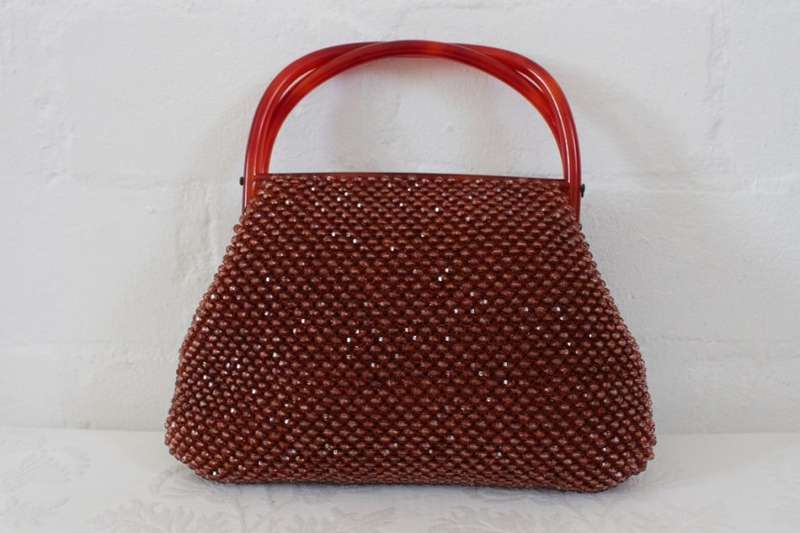 VINTAGE BEADED PLASTIC HANDLES BROWN HANDBAG BAG