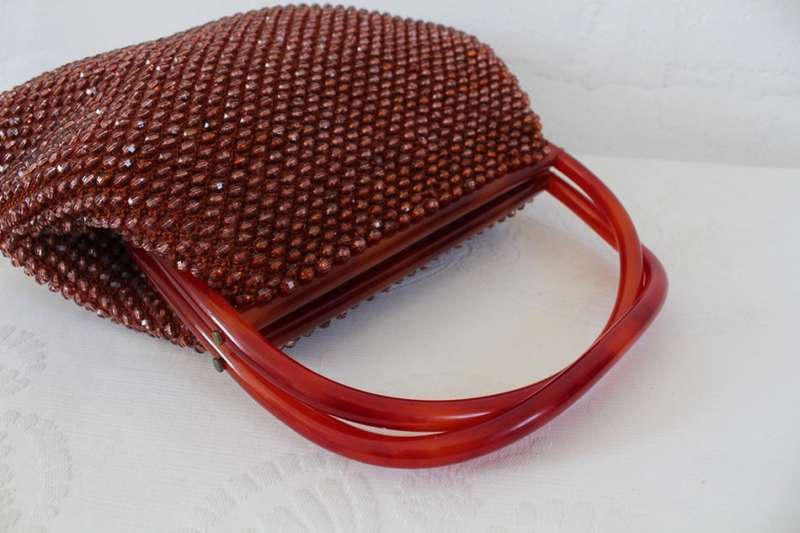 VINTAGE BEADED PLASTIC HANDLES BROWN HANDBAG BAG