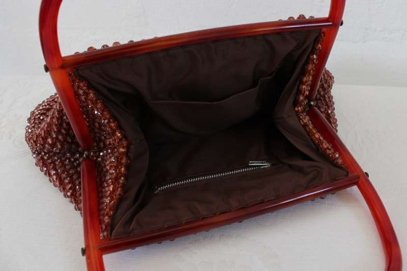 VINTAGE BEADED PLASTIC HANDLES BROWN HANDBAG BAG
