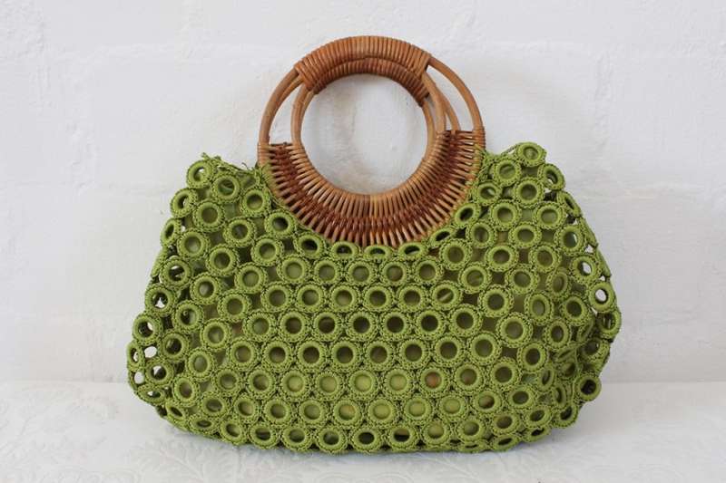 VINTAGE STYLE GREEN CROCHET BAMBOO HANDLES HANDBAG BAG