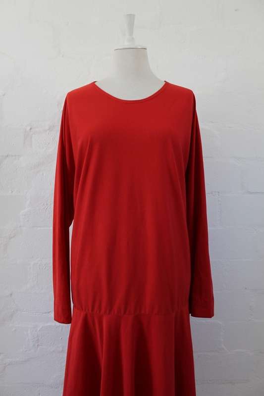VINTAGE RED LONG SLEEVE DROP WAIST DAY DRESS - SIZE 20