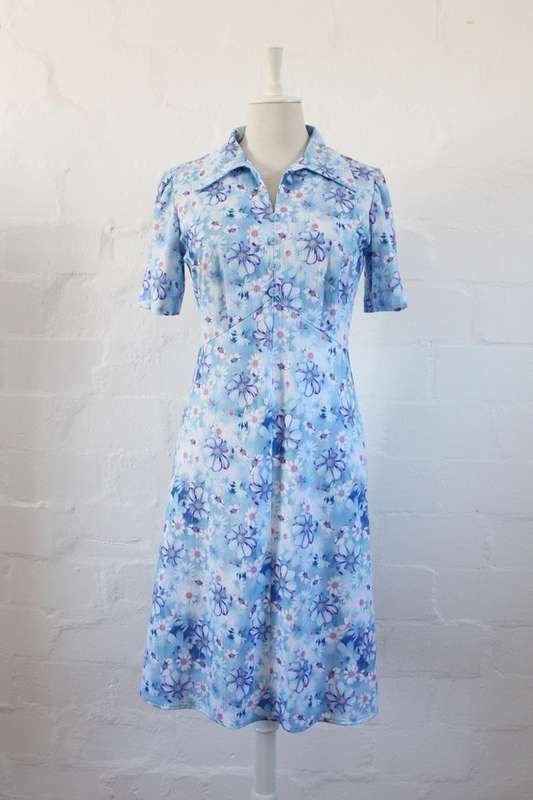VINTAGE BLUE WHITE FLORAL PRINT DAY DRESS - SIZE 12