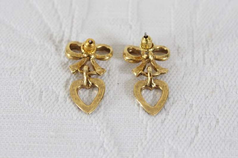 VINTAGE BOW KNOT HEART GOLD PLATED DROP EARRINGS