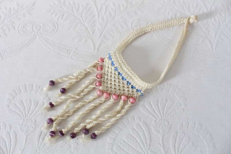 VINTAGE CROCHET MACRAME ROPE BEADED CHOKER FESTIVAL NECKLACE