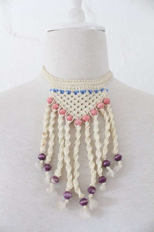 VINTAGE CROCHET MACRAME ROPE BEADED CHOKER FESTIVAL NECKLACE
