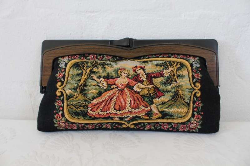 VINTAGE TAPESTRY FABRIC FLORAL CLUTCH BAG PURSE HANDBAG