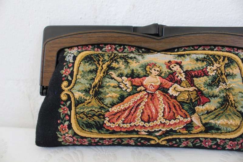 VINTAGE TAPESTRY FABRIC FLORAL CLUTCH BAG PURSE HANDBAG