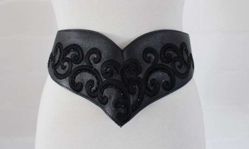 VINTAGE BLACK GENUINE LEATHER EMBROIDERED BEADED BELT