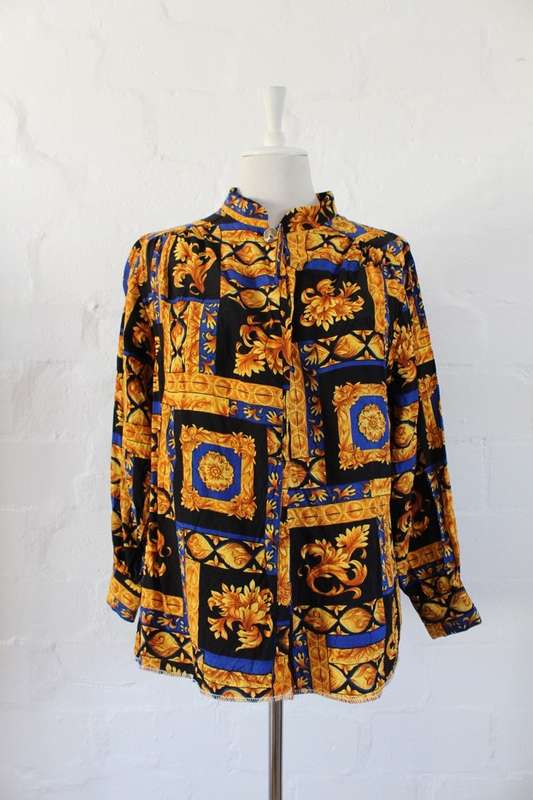 VINTAGE BAROQUE PRINTED GOLD BLACK LONG SLEEVE BLOUSE SHIRT TOP - SIZE 14