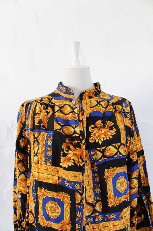 VINTAGE BAROQUE PRINTED GOLD BLACK LONG SLEEVE BLOUSE SHIRT TOP - SIZE 14
