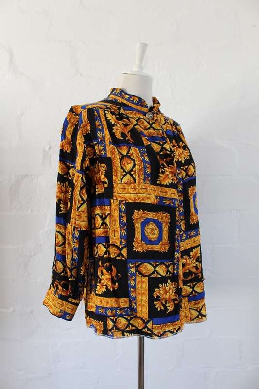 VINTAGE BAROQUE PRINTED GOLD BLACK LONG SLEEVE BLOUSE SHIRT TOP - SIZE 14
