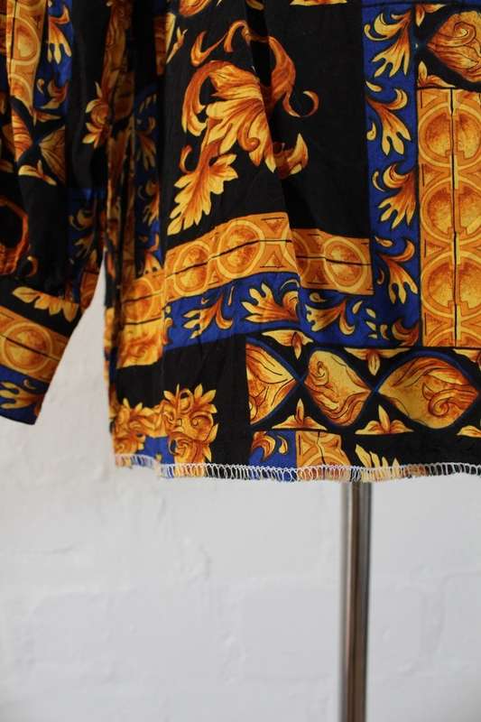VINTAGE BAROQUE PRINTED GOLD BLACK LONG SLEEVE BLOUSE SHIRT TOP - SIZE 14