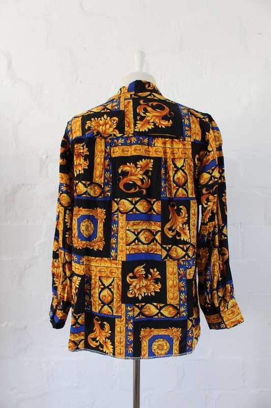 VINTAGE BAROQUE PRINTED GOLD BLACK LONG SLEEVE BLOUSE SHIRT TOP - SIZE 14