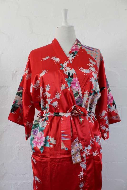 VINTAGE FLORAL RED PRINT ROBE KIMONO DRESS - SIZE L