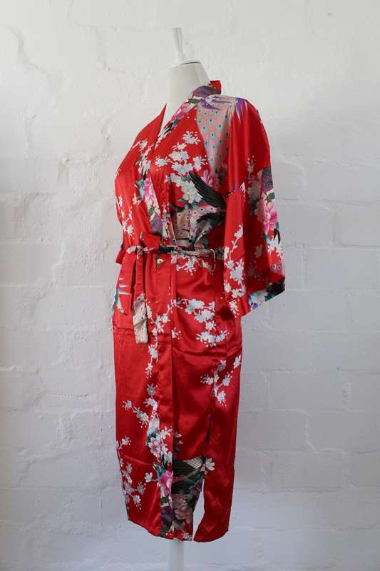 VINTAGE FLORAL RED PRINT ROBE KIMONO DRESS - SIZE L