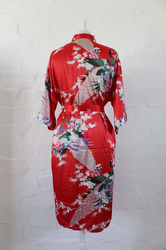 VINTAGE FLORAL RED PRINT ROBE KIMONO DRESS - SIZE L