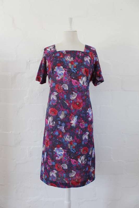 VINTAGE PURPLE PINK FLORAL PRINT DAY DRESS - SIZE 14