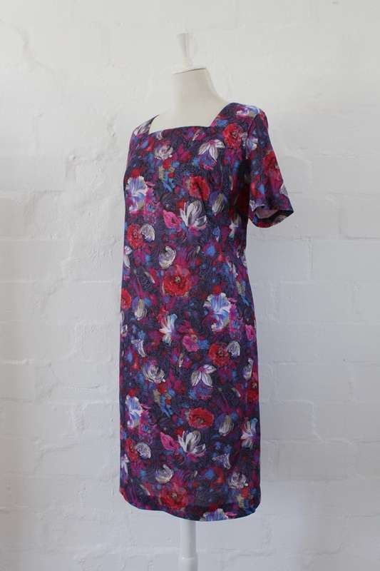 VINTAGE PURPLE PINK FLORAL PRINT DAY DRESS - SIZE 14