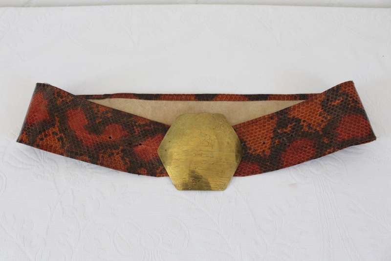 *GENUINE SNAKE SKIN* VINTAGE LEATHER BROWN WIDE BELT WITH BRASS BUCKLE