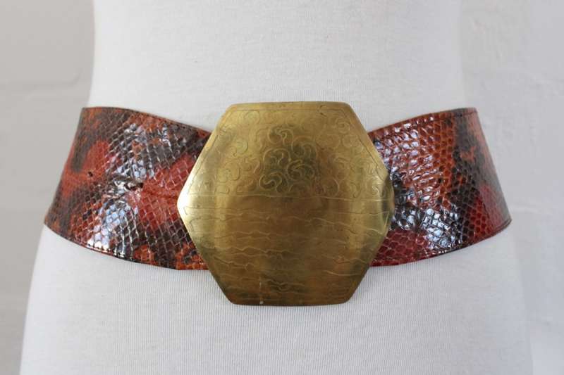 *GENUINE SNAKE SKIN* VINTAGE LEATHER BROWN WIDE BELT WITH BRASS BUCKLE
