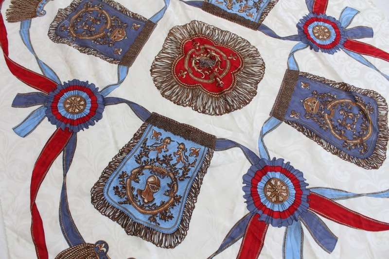 VINTAGE 100% SILK WHITE BLUE RED RIBBON PRINTED SCARF