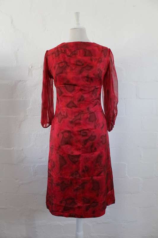 VINTAGE 100% SILK CHIFFON RED PRINTED COCKTAIL DRESS - SIZE 12
