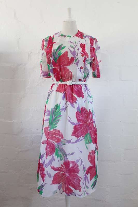 VINTAGE WHITE PINK FLORAL PRINT BELTED DAY DRESS - SIZE 10