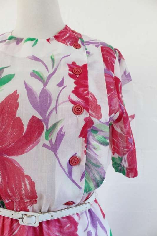 VINTAGE WHITE PINK FLORAL PRINT BELTED DAY DRESS - SIZE 10