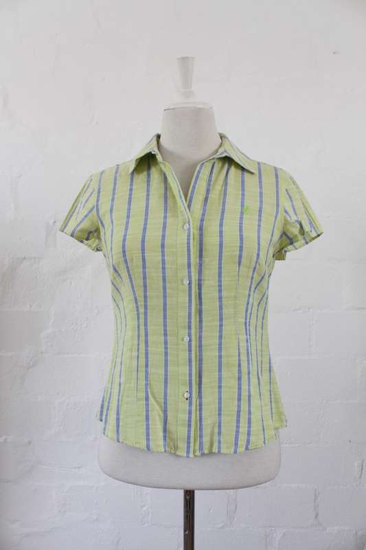 *SALE - 50% OFF!* *POLO* DESIGNER GREEN STRIPED SHORT SLEEVE SHIRT BLOUSE TOP - SIZE 10