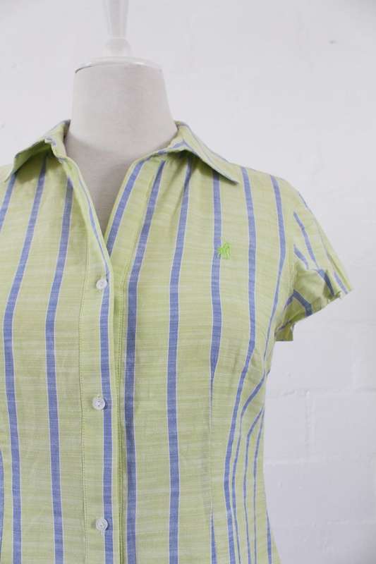 *SALE - 50% OFF!* *POLO* DESIGNER GREEN STRIPED SHORT SLEEVE SHIRT BLOUSE TOP - SIZE 10