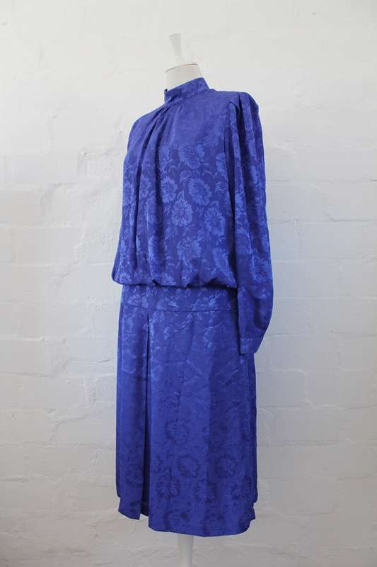 VINTAGE BLUE FLORAL LONG SLEEVE DROP WAIST DRESS - SIZE 12