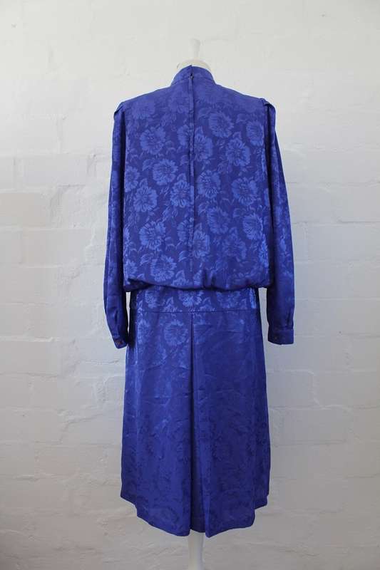 VINTAGE BLUE FLORAL LONG SLEEVE DROP WAIST DRESS - SIZE 12
