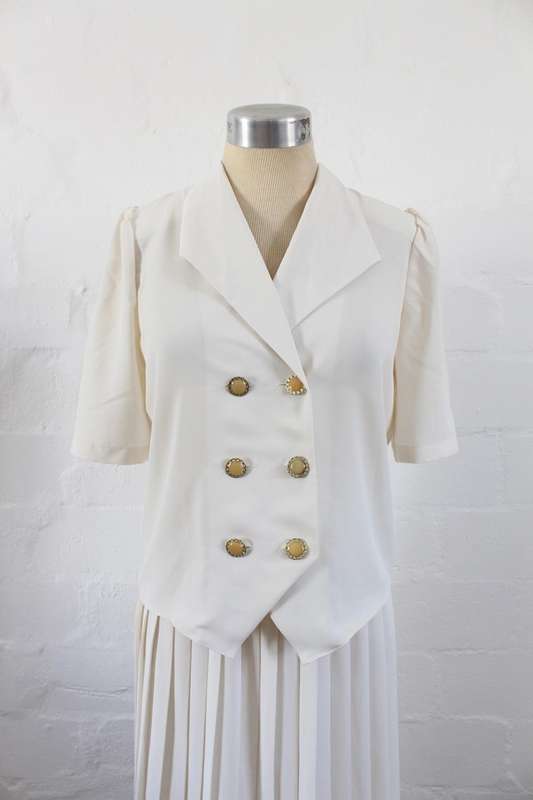 VINTAGE CREAM TWO PIECE BLOUSE PLEATED SKIRT SET - SIZE 8