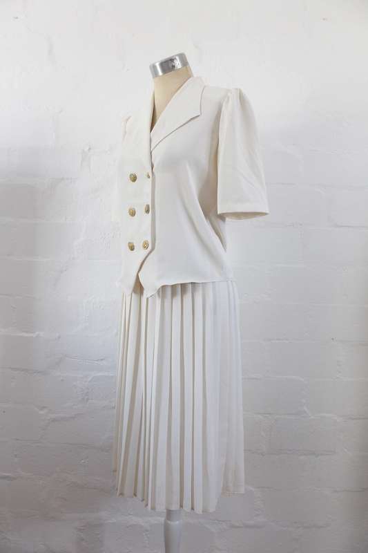 VINTAGE CREAM TWO PIECE BLOUSE PLEATED SKIRT SET - SIZE 8