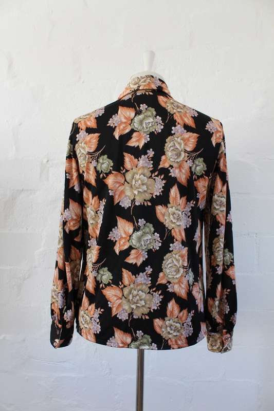 VINTAGE FLORAL PRINT BLACK ORANGE LONG SLEEVE SHIRT TOP BLOUSE - SIZE 10