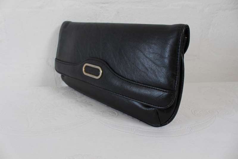 GENUINE LEATHER VINTAGE BLACK CLUTCH BAG HANDBAG PURSE