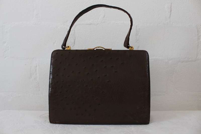 *GENUINE OSTRICH SKIN* VINTAGE BROWN LEATHER KELLY BAG HANDBAG PURSE