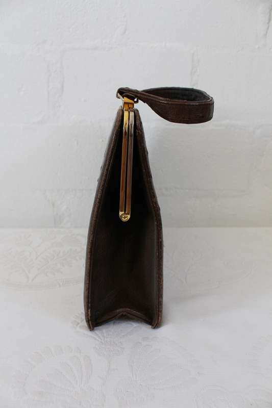 *GENUINE OSTRICH SKIN* VINTAGE BROWN LEATHER KELLY BAG HANDBAG PURSE