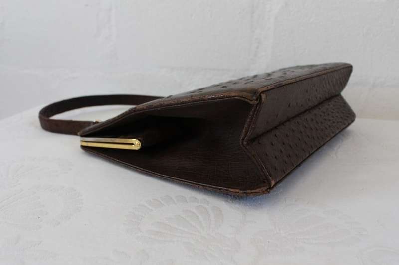 *GENUINE OSTRICH SKIN* VINTAGE BROWN LEATHER KELLY BAG HANDBAG PURSE