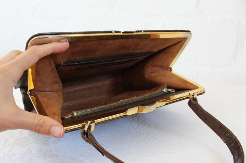 *GENUINE OSTRICH SKIN* VINTAGE BROWN LEATHER KELLY BAG HANDBAG PURSE