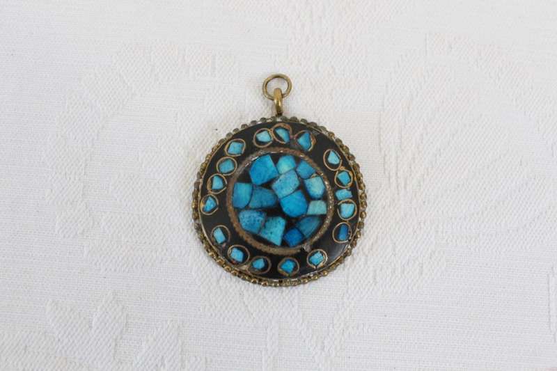 VINTAGE BLUE INLAY BRASS LARGE PENDANT FOR NECKLACE