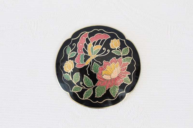 VINTAGE CLOISONNE ENAMEL BUTTERFLY GOLD PLATED BLACK BELT BUCKLE